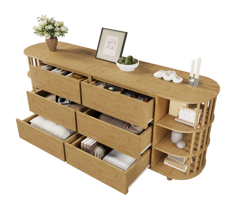 Buffet 3 Tiroirs, Rangement Pratique Salon Ou Chambre, Mdf Et Bambou, Chêne