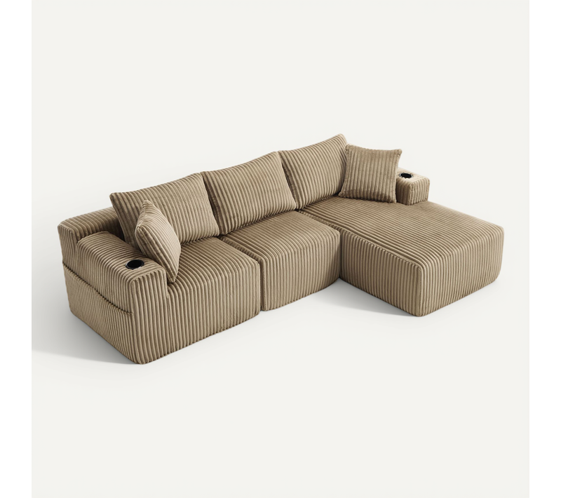 Canapé D'angle Modulable - Méridienne 2 Places - Velours Côtelé - Poches - 5 Coussins - Kaki