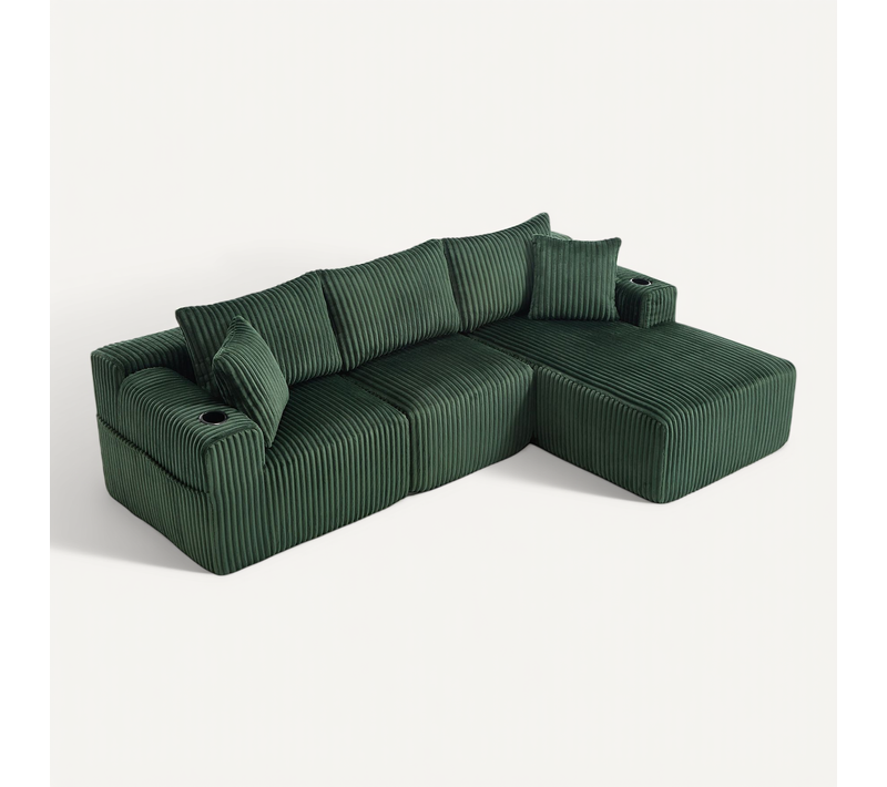 Canapé D'angle Modulable - Méridienne 2 Places - Velours Côtelé - Poches - 5 Coussins - Vert