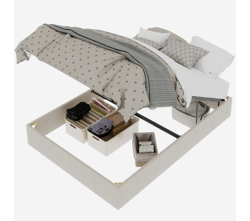 Lit Coffre Double 140×200 Cm -moderne -rangement - Vérins Hydrauliques - Velours Hollandais - Beige