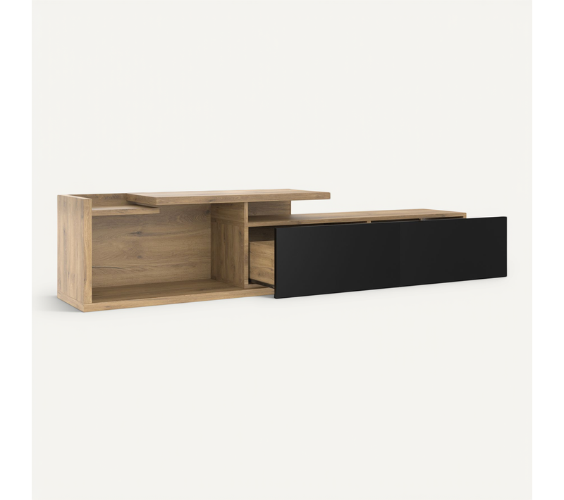 Meuble TV Bas Modulaire Avec LED Et 2 Tiroirs, Module Déplaçable En Mdf, Style Naturel