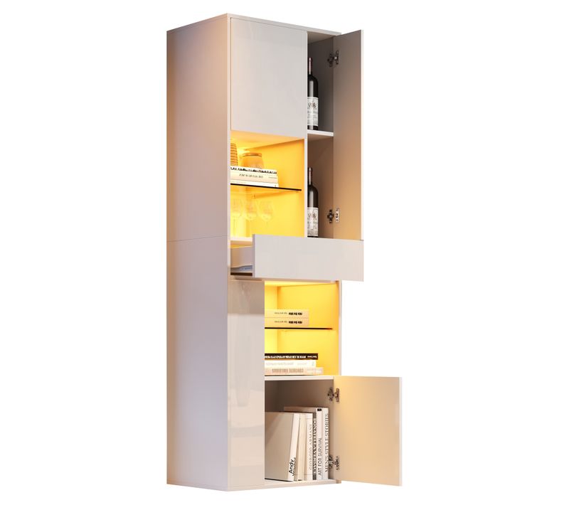 Vitrine - Meuble De Rangement Salon Moderne - 1 Tiroir - 4 Portes - LED Intégré - Blanc