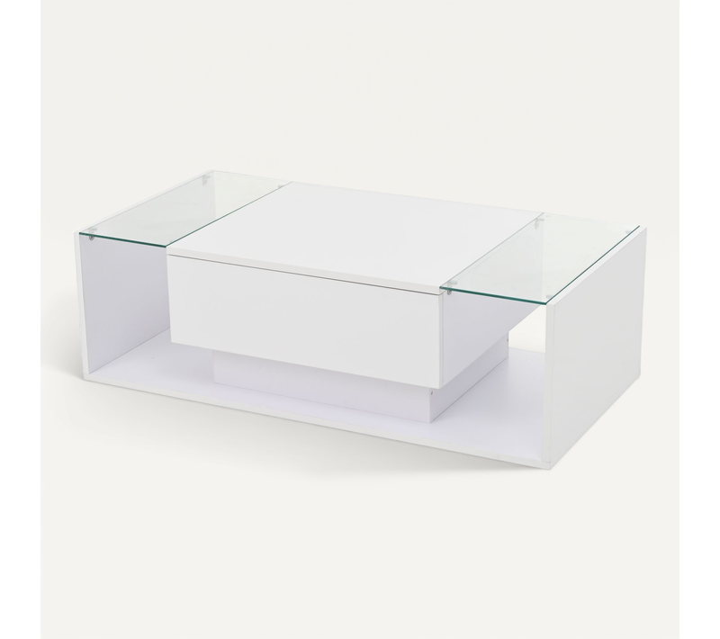 Table Basse - Meubles De Salon Avec Tiroir Et Éclairage LED Intégré - Verre Trempé - Blanc