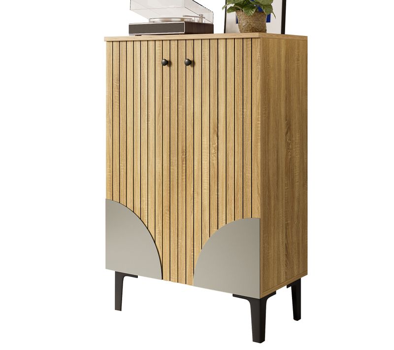 Meuble à Chaussures Fermé Avec Portes, Rangement Compartimenté, Cadre Métallique Noir, Naturel