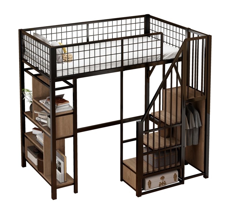 Lit Mezzanine 90x200 Cm -lit Métal Multifonction Avec Rangement, Étagères Et Escalier Sécurisé -noir