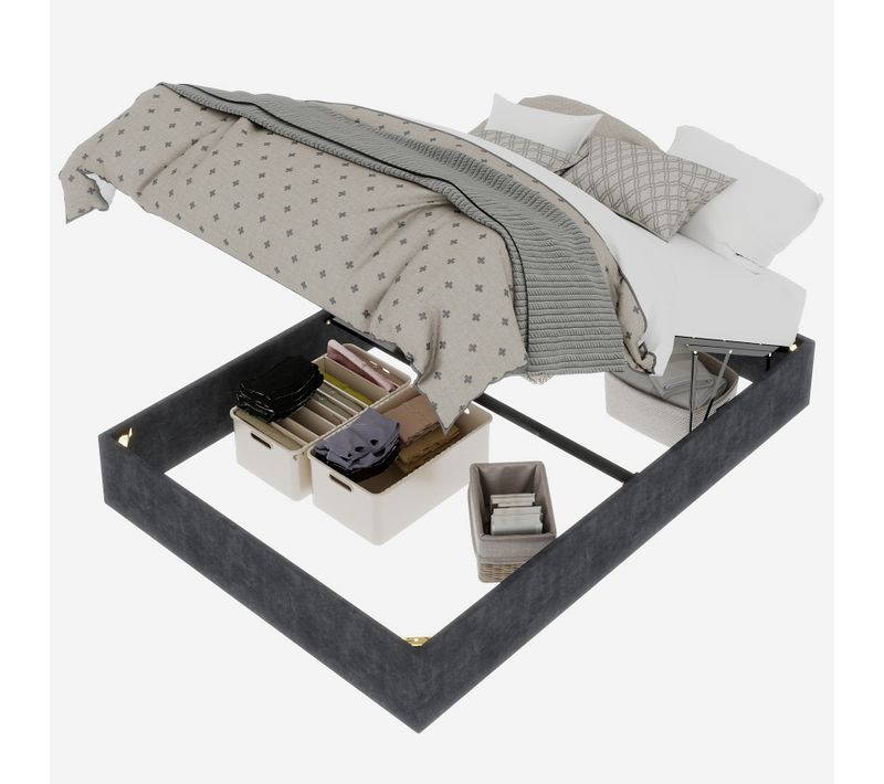 Lit Coffre Ado 140×200 Cm - Vérins Hydrauliques - Design Moderne Pratique - Velours - Gris