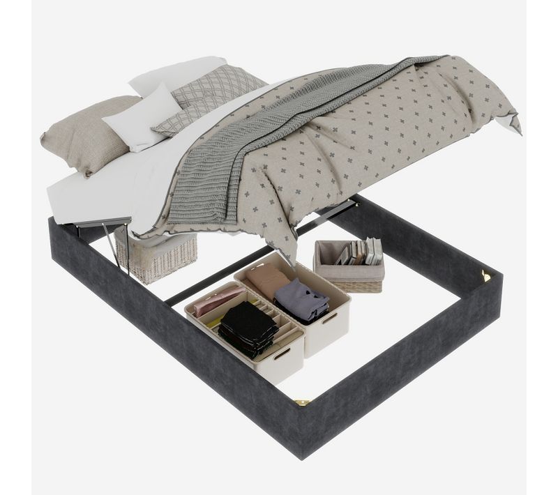 Lit Coffre Double 140x200 - Rangement Avec Vérins Hydrauliques - Cadre Robuste Adulte Et Ado - Gris