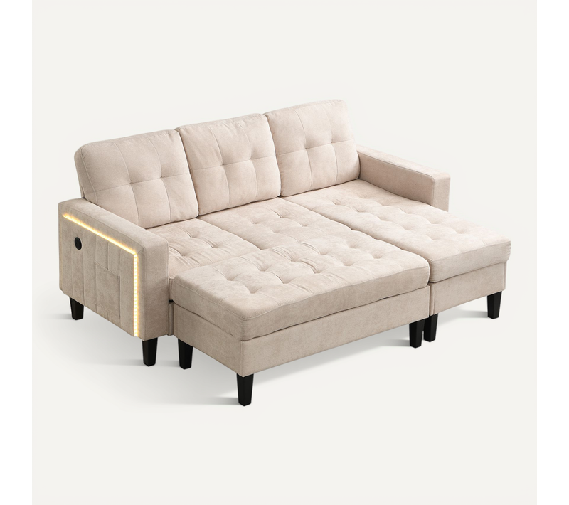 Canapé D'angle 3 Places - Méridienne - Pouf - Convertible Lit - LED - Chenille - Beige