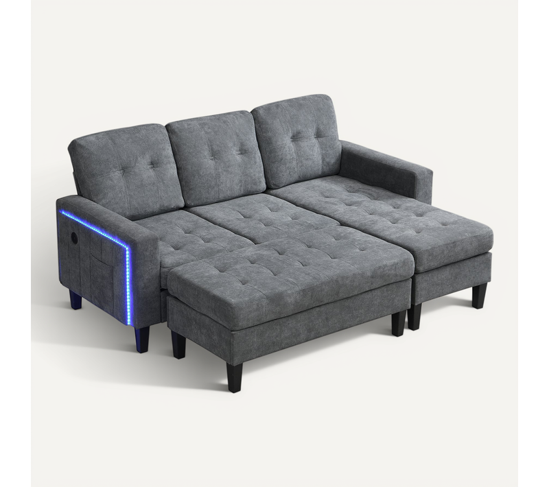 Canapé D'angle 3 Places - Méridienne - Pouf - Convertible Lit - LED - Chenille - Gris