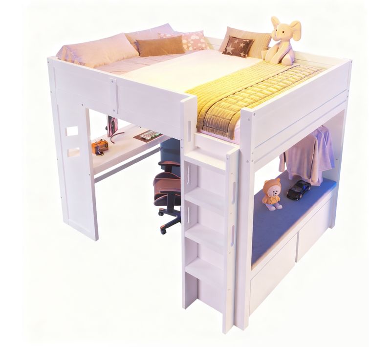 Lit Mezzanine Simple 90x200 Cm - Bureau - Échelle - Tiroir De Rangement - Blanc