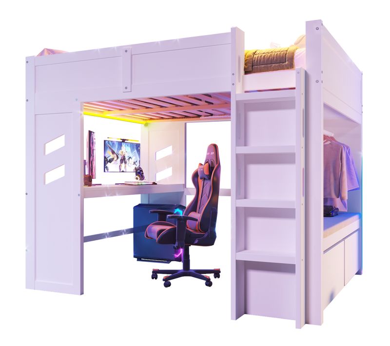 Lit Mezzanine Ado 140x200 Cm - Bureau - Tiroir De Rangement - Structure Stable - Blanc