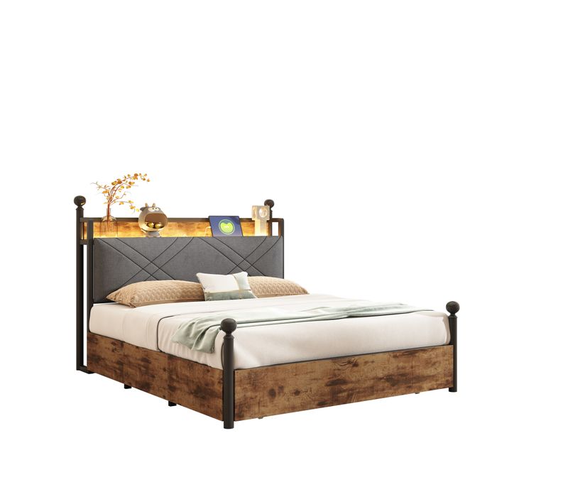 Lit Double 140x190 Cm - Lit Avec Baldaquin Et Rangements Intégrés, LED, Structure En Métal, Noir