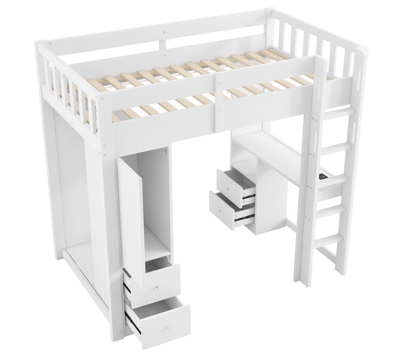 Lit Mezzanine 90x200 Cm - Lit Enfant Avec 4 Tiroirs, Bureau Et Armoire, Éclairage LED, Blanc