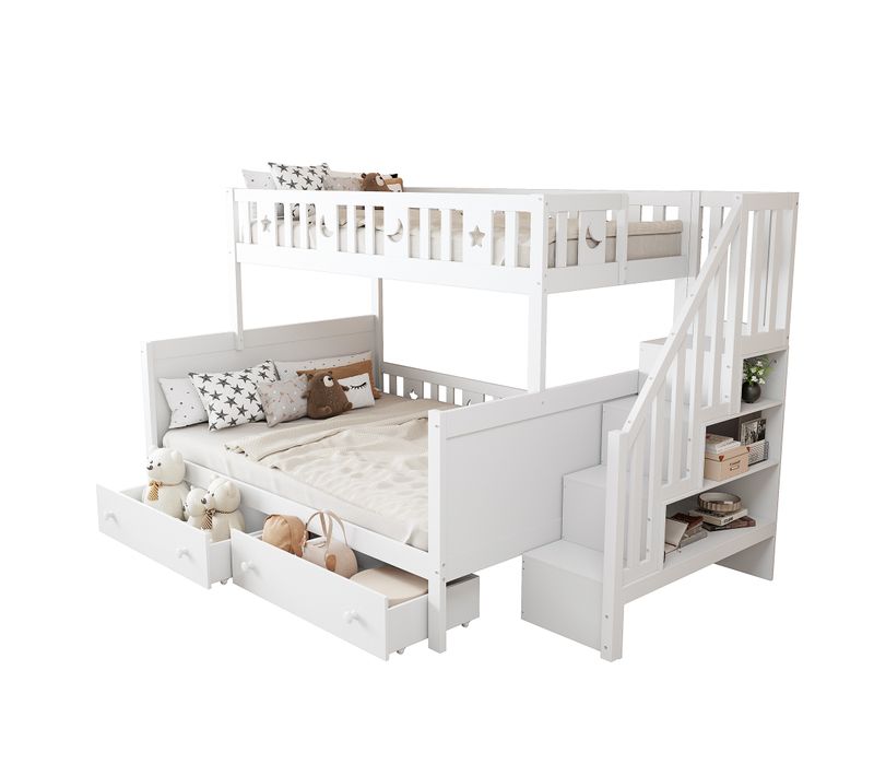 Lit Superposé 90×200 Cm - Grands Tiroirs - Échelle Sécurisée - Idéal Chambre Enfant - Bois - Blanc