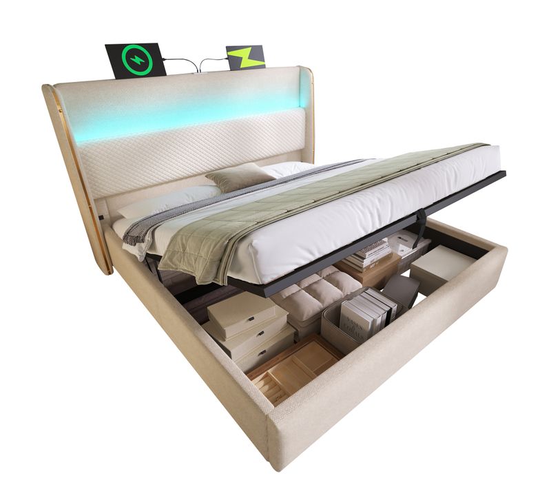 Lit Coffre 160x200 Cm avec LED - Rangement Et Ports USB - Design Moderne - Lin Beige
