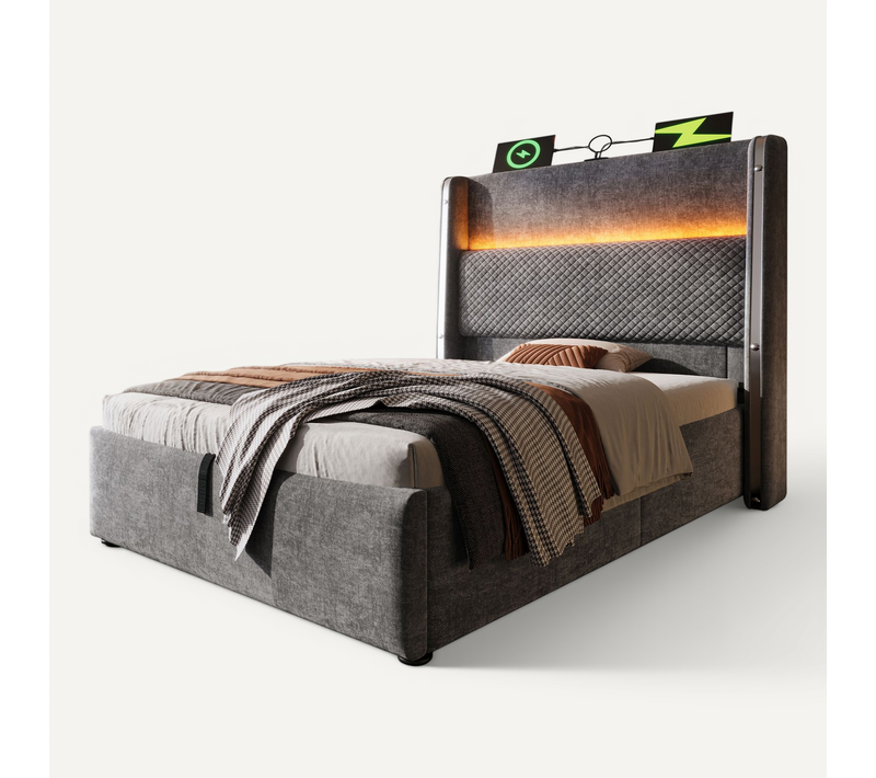 Lit Coffre 90x200 Cm, rangement avec LED Et Port USB, Type-c - Lin Gris