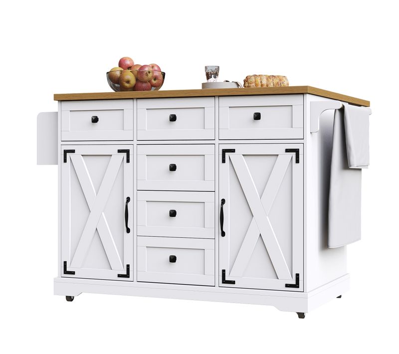 Îlot De Cuisine - Desserte Multifonction Avec Table Extensible Et Étagères - Métal Mdf - Blanc