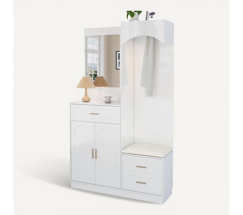 Vestiaire D’entrée - Armoire Avec Miroir Et Étagères Réglables - Panneau De Particules - Blanc
