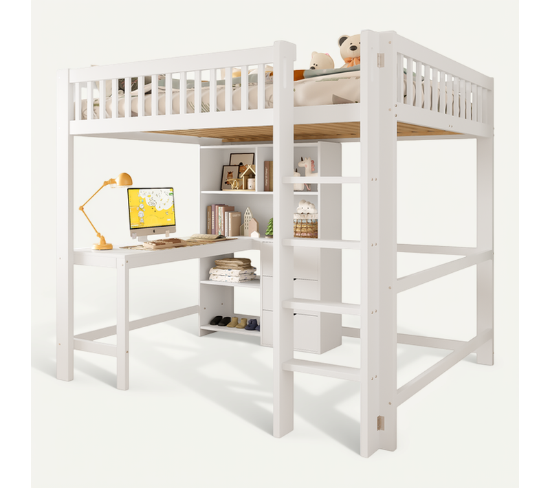 Lit Mezzanine Ado 140x200 Cm - Bureau - Espace De Rangement - Design Moderne - Blanc