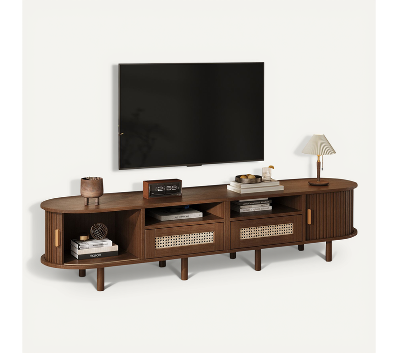 Meuble TV Ovale Design Avec Rangement Et Tiroirs, Pour Écran 70 Pouces,Moderne, Noyer