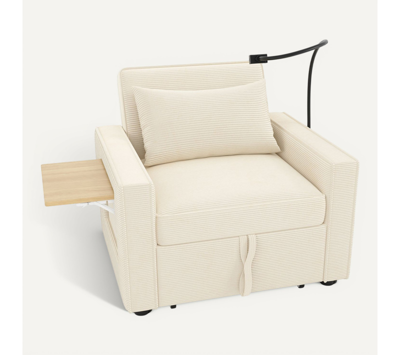 Canapé-lit Fauteuil Convertible 1 Place Avec USB Et Rangement Téléphone – Velours Côtelé, Beige