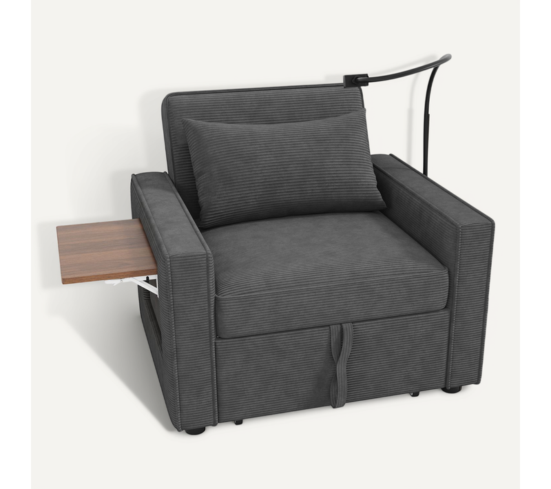 Fauteuil Convertible 1 Place - Avec USB Et Tablette Support Téléphone - Velours Côtelé - Gris