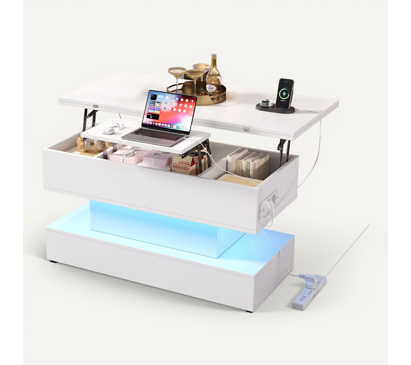 Table Basse Relevable - Meubles De Salon Fonctionnelle Avec Prise USB Et LED - Rangement - Blanc