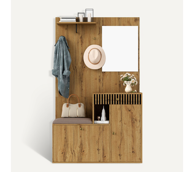 Vestiaire D’entrée Complet Avec Miroir Et Banc Intégré, Meuble à Chaussures Mdf,bois Et Noir