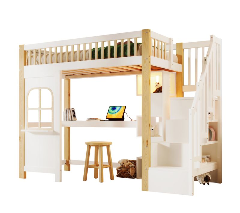 Lit Mezzanine 90x200 - Lit Ado - LED - Bureau - Escalier De Rangement - Blanc Et Naturel