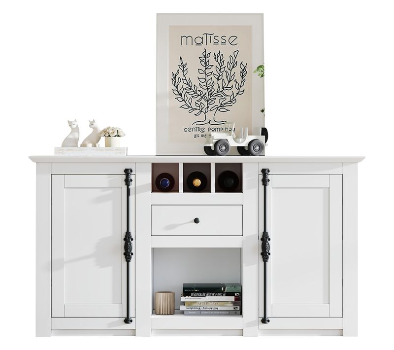 Buffet De Salon Moderne Avec 2 Portes Et 1 Tiroir - Rangement Bouteilles - Mdf - Blanc