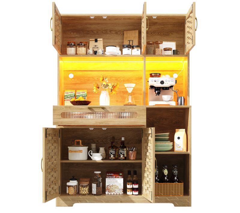 Buffet Haut - Meuble Cuisine Et Salon - Vitrine -Tiroirs - Portes - LED - USB - MDF- Verre -Naturel