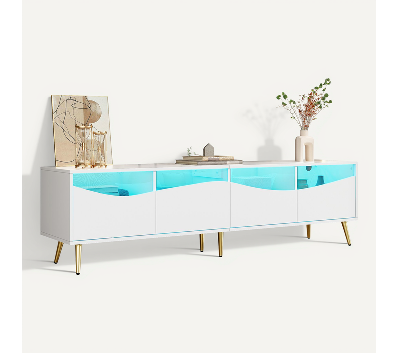Meuble TV Contemporain Avec Portes Vitrées Et LED Intégrée, Pieds Dorés Métal, Design Blanc