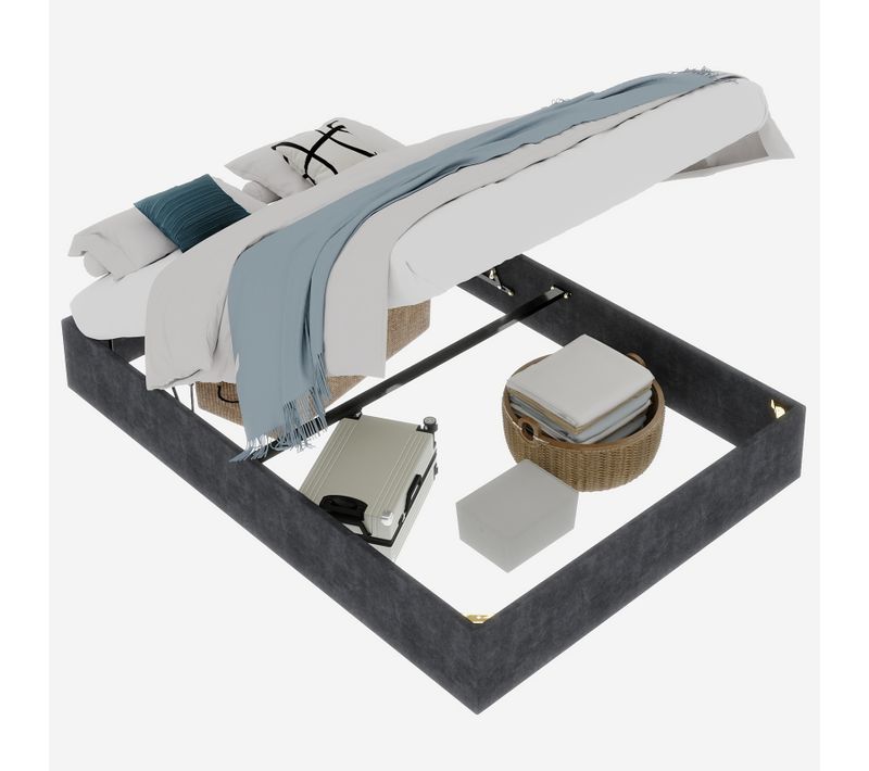 Lit Coffre Double 160×200 Cm - Moderne - Rangement - Vérins Hydrauliques - Velours Hollandais - Gris