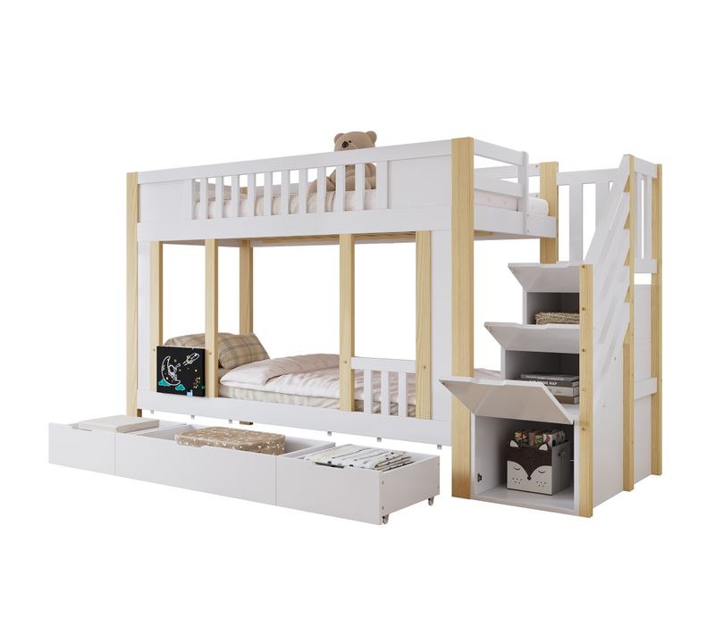 Lit Superposé Enfant 90x200 Cm - Échelle - Tiroirs De Rangement - Pin Mdf - Blanc