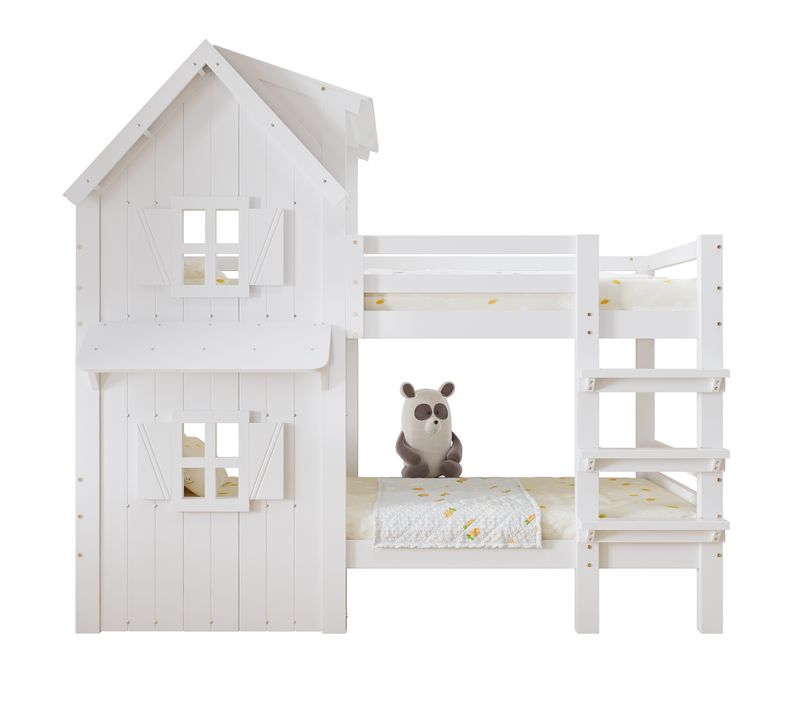 Lit Superposé Cabane 90x200 Cm - Toit Fenêtres - Échelle - Garde-corps Sécurisé - Pin Mdf - Blanc