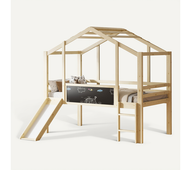 Lit Mezzanine Enfant 90x200 Avec Toboggan, échelle Et Aire De Jeu, Bois,structure Stable,blanc