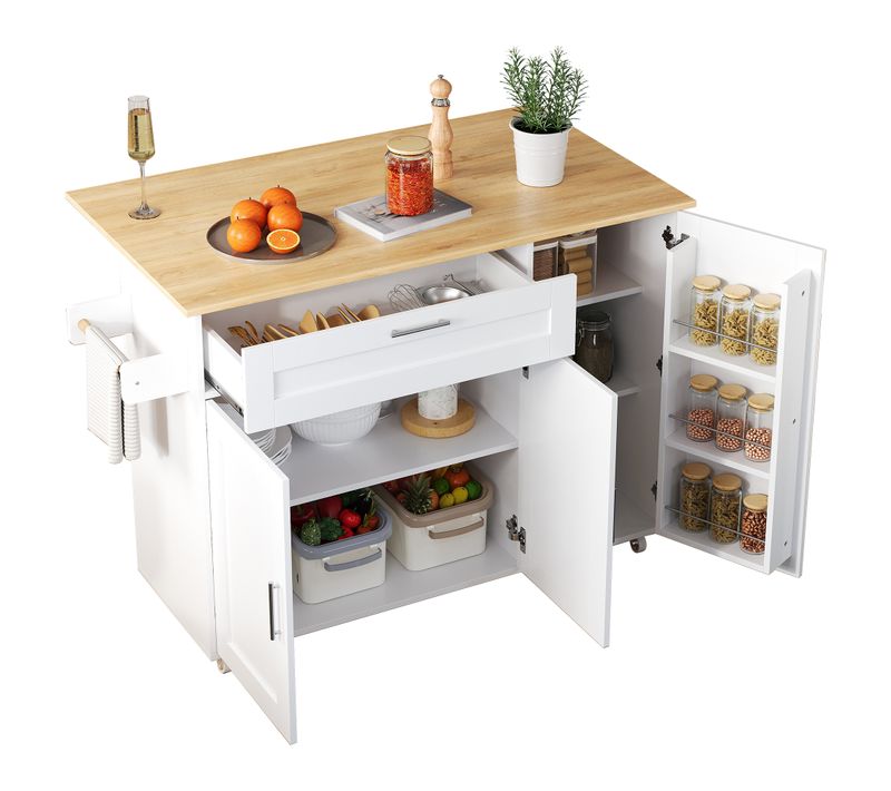Îlot De Cuisine Mobile Avec Plan Pliable, Étagère à Épices Et Porte-serviettes, Mdf, Blanc