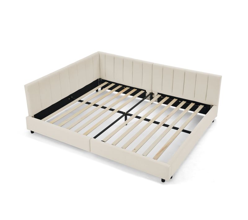 Lit Banquette 160x200 Cm - Haut Dossier Velours - Design Moderne - Confort Chambre Parentale - Beige