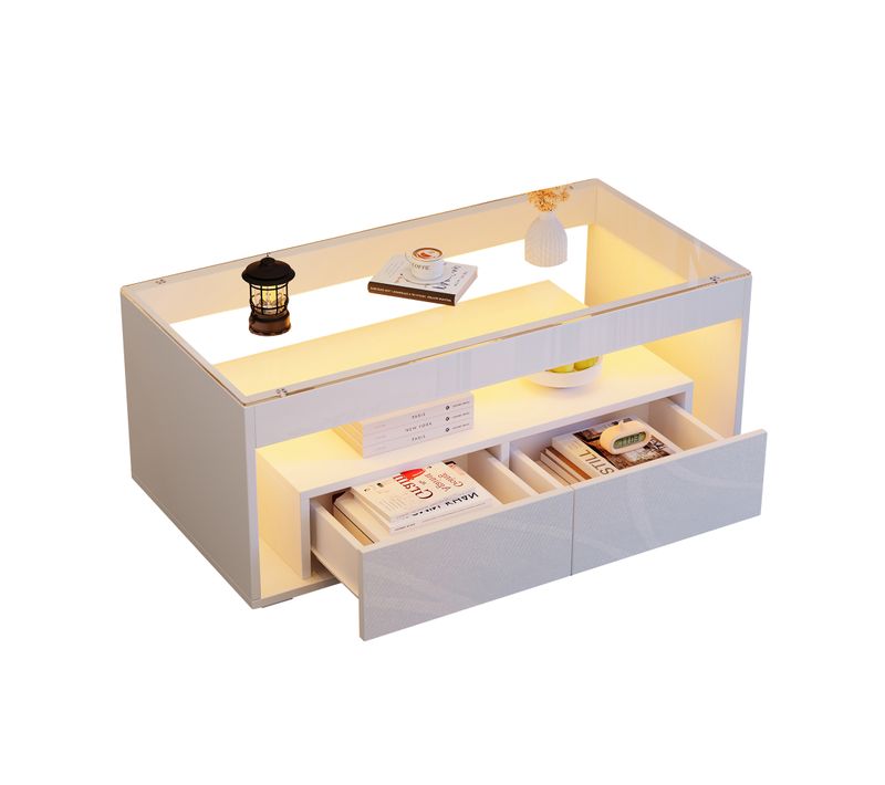 Table Basse Moderne - Meubles De Salon Avec LED Et Rangements - Mdf Et Verre Trempé - Blanc