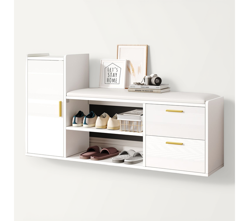 Meuble à Chaussures - Tiroirs - Siège - Rangement - Coussin Rembourré - Panneau Particules - Blanc