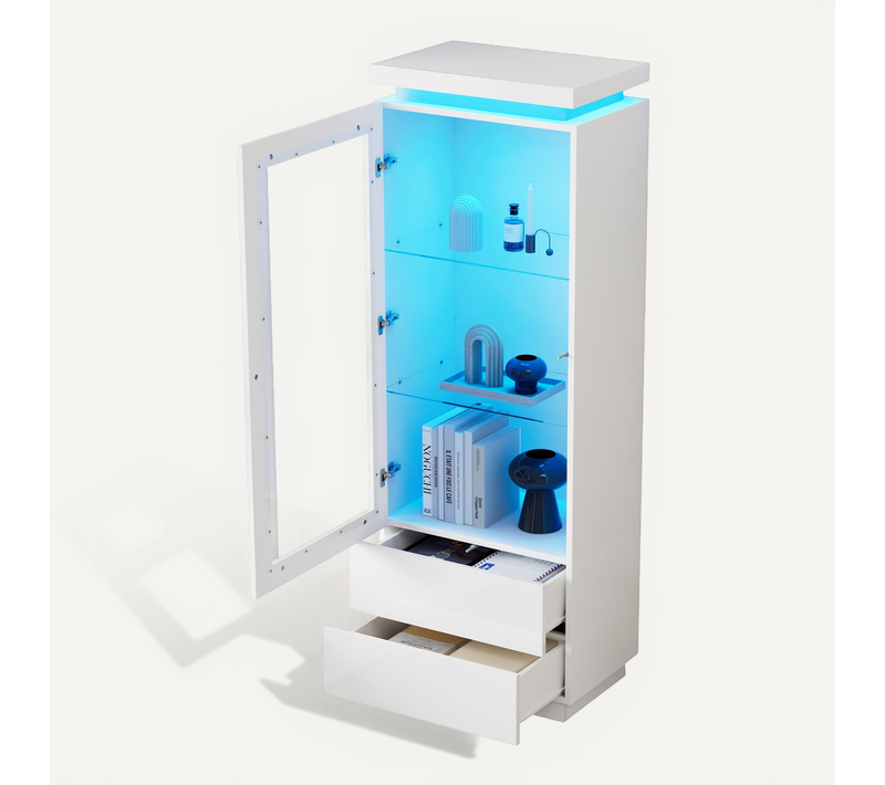 Vitrine Moderne - 2 Tiroirs - LED - Portes En Verre Trempé - Meuble De Salon - Mdf Acrylique - Blanc