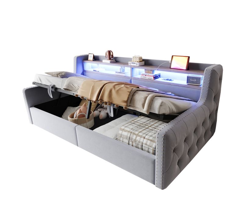 Lit Banquette 90x200 Cm, Prise électrique, Ports USB Et éclairage LED, Velours, Gris Clair