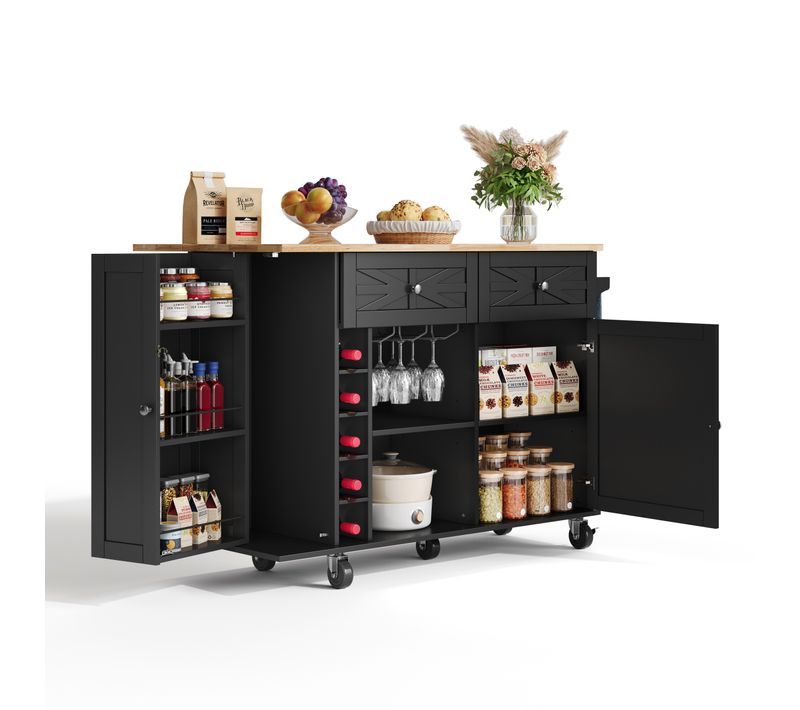 Îlot De Cuisine - Plateau Pliable - Roulettes Verrouillables - Rangements Bouteilles Et Verres -noir