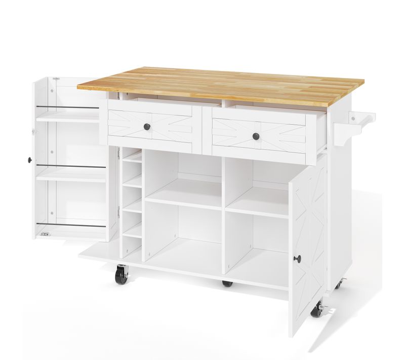 Îlot De Cuisine Mobile -pliable - Rangements Bouteilles Et Verres -5 Roulettes Verrouillables -blanc