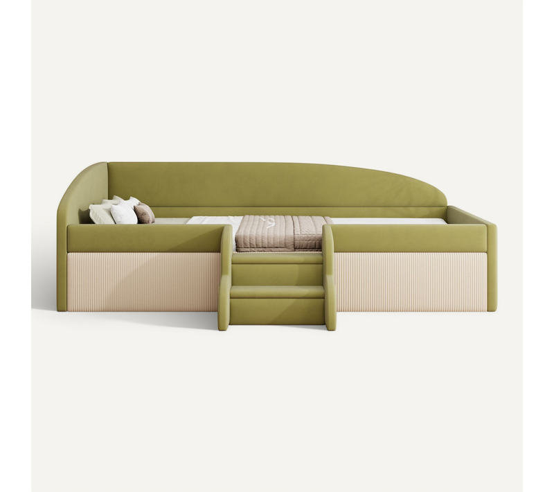 Lit Banquette 90x190 Cm - Velours - Barrières De Sécurité - Marches Antidérapantes - Vert Et Blanc