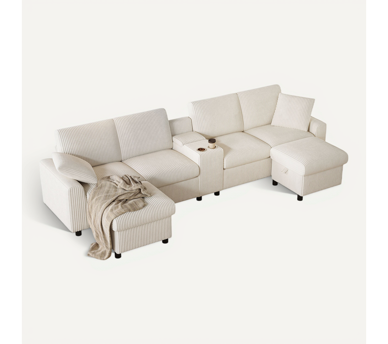 Canapé D’angle Modulable - Moderne - 2 Poufs - USB - Prises Électriques - Velours Côtelé Beige