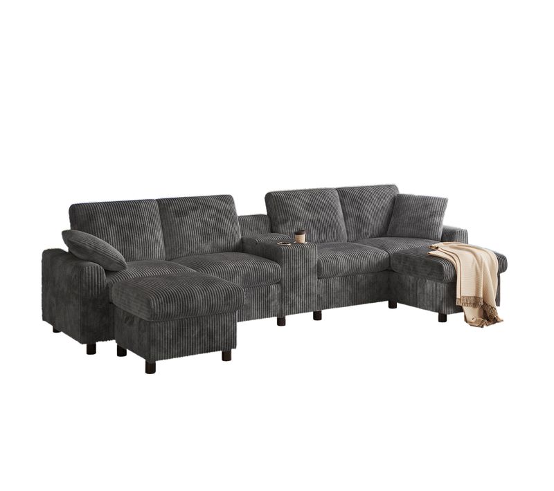 Canapé D’angle Modulable - Table Basse - 2 Poufs - USB - Prises Électriques - Velours Côtelé Gris