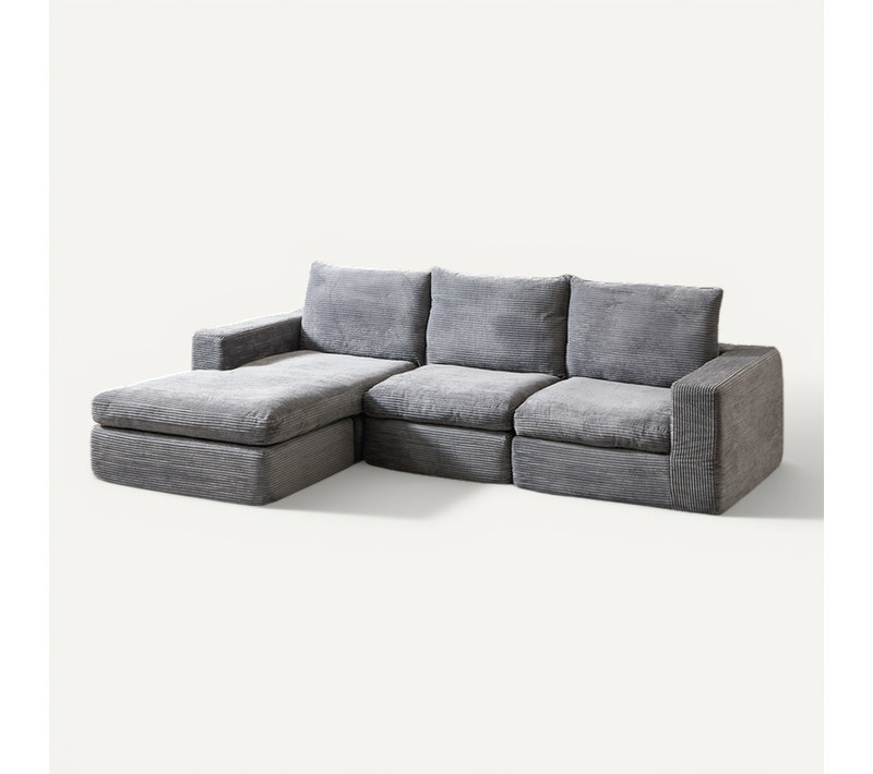 Méridienne 3 Places - L-shape - Coussins Décoratifs - Velours Côtelé - Gris Clair