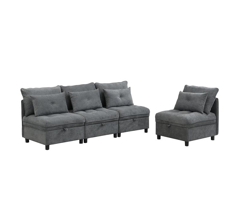 Canapé Angle Convertible - 4 Places - Rangement Et Fonction Lit - Coffres - Confortable - Gris