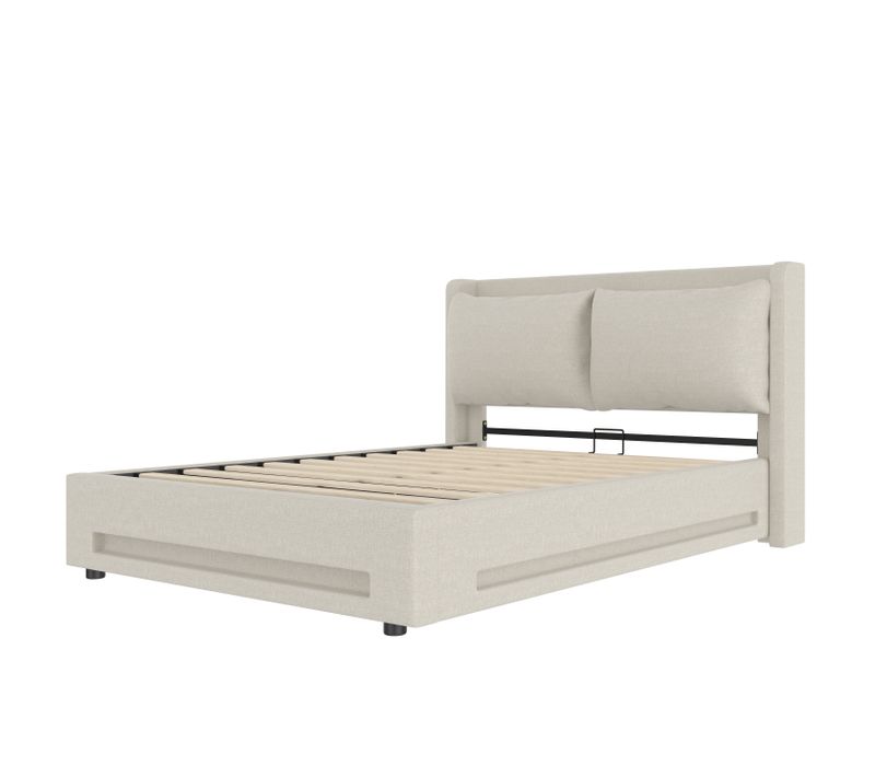 Lit Coffre 140x200 cm - Lit Ado Capitonné - LED Intégrée - Port USB-C - Tissu en lin - Beige